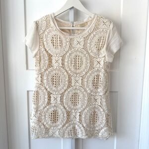 Aquamar Women's M Boho Cream Crochet Lace Short Sleeve Blouse